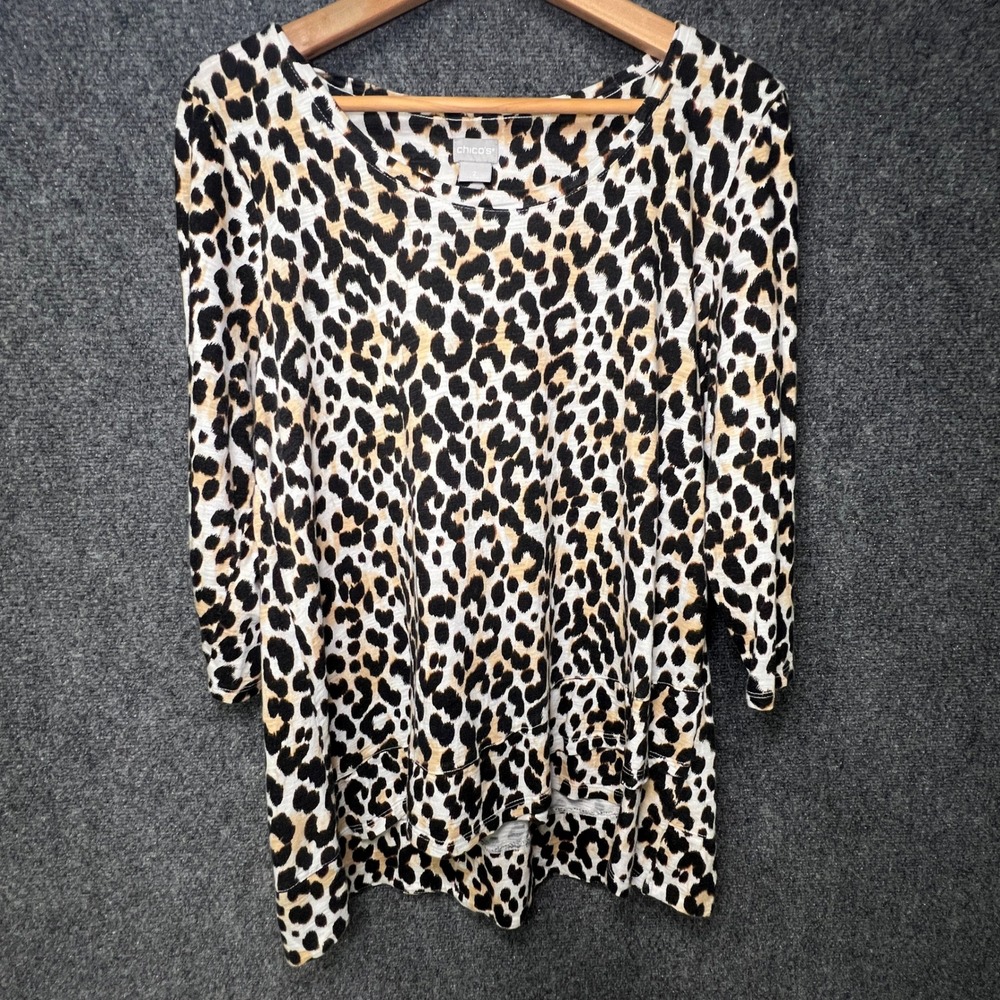 Chicos Leopard Print 3/4 Sleeve Top Ruffle Hem Size 2 L Animal Print 570334495 - Picture 10 of 12